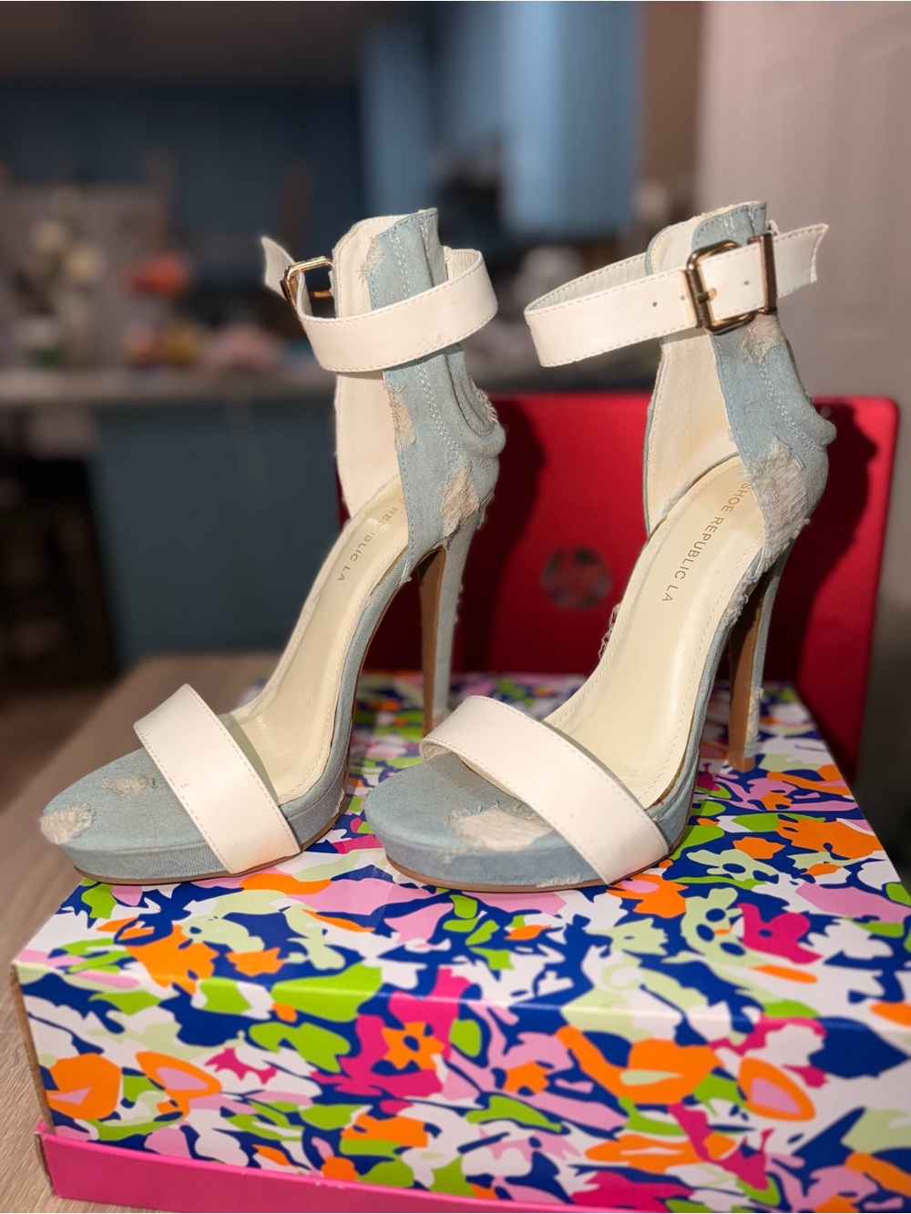 Shoe Republic LA White and Light Blue Distressed High Heels